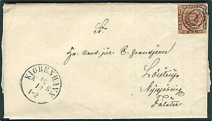 4 sk. 1858 udg. på brev annulleret med nr.stempel 1 og sidestemplet Kiøbenhavn KB d. 16.10.1860 til Loistrup  pr. Nykjøbing Falster. Revet i venstre side. Fuldt indhold.