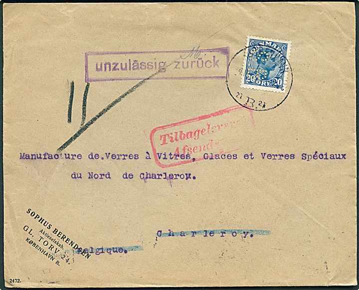20 øre Chr. X med perfin S.B. på firmakuvert fra Sophus Berendsen i Kjøbenhavn d. 4.10.1915 til Charleroy, Belgien. Retur med tysk stempel unzulässig zurück.