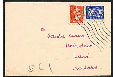Rød og blå Toy Post mærkat annulleret med maskinstempel på lille brev til Santa Claus, Reundeer Land, Iceland. Ca. 1960'erne.