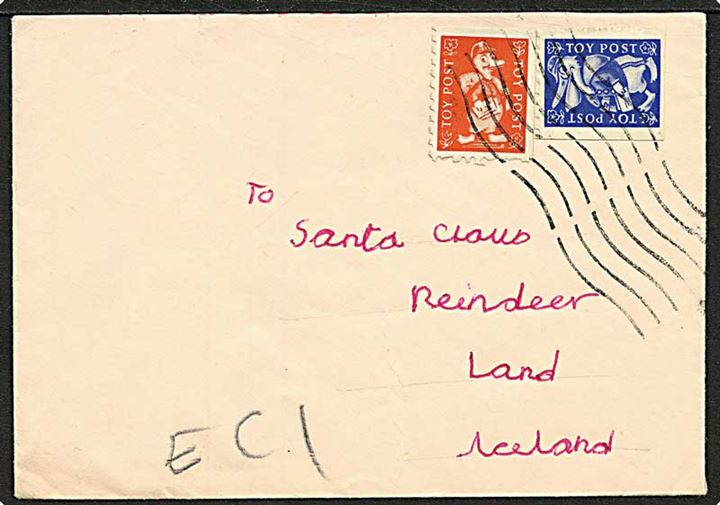 Rød og blå Toy Post mærkat annulleret med maskinstempel på lille brev til Santa Claus, Reundeer Land, Iceland. Ca. 1960'erne.