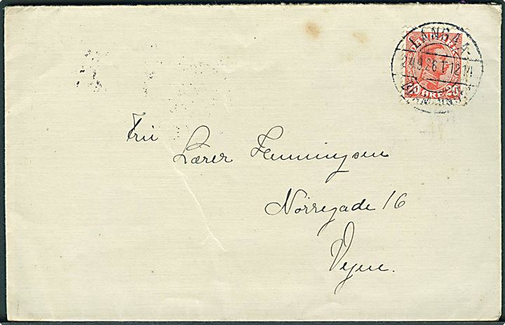 20 øre Chr. X på brev annulleret med bureaustempel Langaa - Bramminge sn3 T.1214 d. 24.9.1926 til Vejen. Vanskeligt stempel.