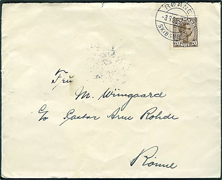 20 øre Chr. X på brev fra København annulleret med brotype IIb Rønne Skibsbrev d. 3.9.1925 til Rønne, Bornholm.