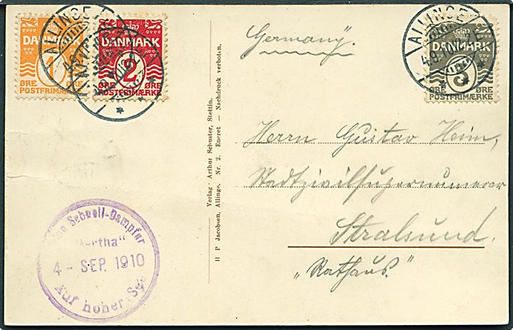 1 øre, 2 øre, 3 øre og 4 øre Bølgelinie på for- og bagside af 4-farve frankeret brevkort fra Allinge d. 4.9.1910 sidestemplet Salon-Schnell-Dampfer Herta Auf hoher See til Stralsund, Tyskland.