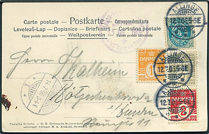 4 øre Tofarvet, 1 øre, 2 øre og 4 øre Bølgelinie på brevkort (Dampskibet Freia) annulleret Allinge d. 12.7.1906 og sidestemplet Salon-Schnell-Dampfer Freia Auf hoher See d. 11.7.1906 til Kötzschunbroda, Tyskland.