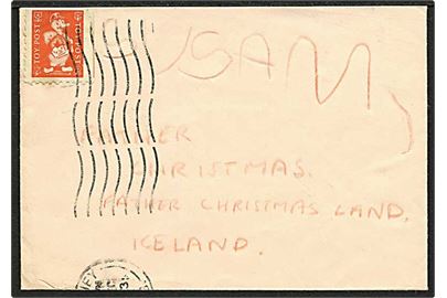 Rød Toy Post mærkat på lille brev annulleret med maskinstempel 1963 til Father Christmas, Father Christmas Land, Iceland.