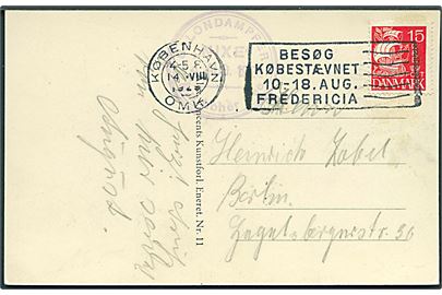 15 øre Karavel på brevkort fra København d. 14.8.1929 og sidestemplet Salondampfer Nixe Auf hoher See til Berlin, Tyskland.