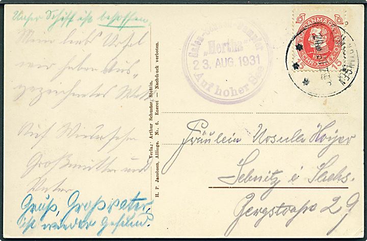 15 øre Chr. X 60 år på brevkort annulleret med brotype IIIb Almindingen d. 24.8.1931 og sidestemplet Salon-Schnell-Dampfer Herta Auf hoher See d. 23.8.1931 til Sebnitz, Tyskland.