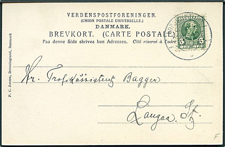 5 øre Chr. IX på brevkort fra Dronninglund d. 23.12.1906 til Langaa. På billedside ovalt stempel (krone) Dronninglund Postkontor.