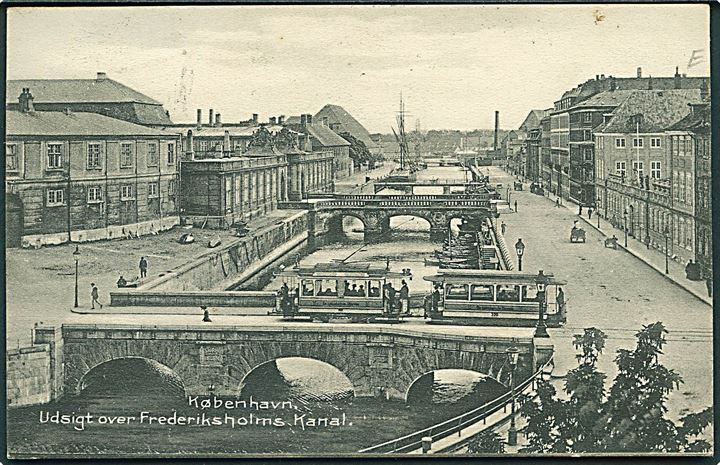 5 øre Fr. VIII på brevkort (Frederiksholms Kanal med sporvogne) annulleret med skibsstempel Fra Kjøbenhavn og sidestemplet Rønne d. 24.9.1909 til Rønne, Bornholm.