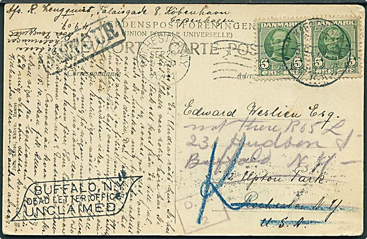 5 øre Fr. VIII i parstykke på brevkort (skadet) fra Kjøbenhavn d. 5.9.1907 til Rochester, N.Y., USA - eftersendt til Buffalo. Retur med stempel Buffalo Dead Letter Office Unclaimed.
