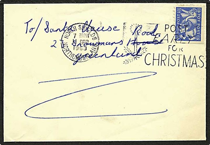 Blå Toy Post mærkat på lille brev fra North Shields d. 11.12.1963 til Santa Clause, 23 Snowmans Road, Greenland.