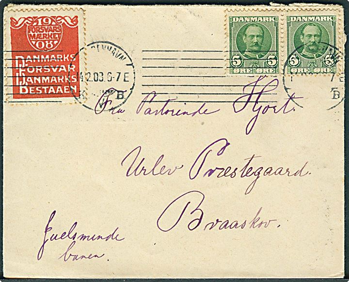 5 øre Fr. VIII i parstykke og Forsvarsmærket 1908 på brev fra Kjøbenhavn d. 14.2.1908 til Urlev Præstegaard pr. Braaskov på Juelsminde-banen.