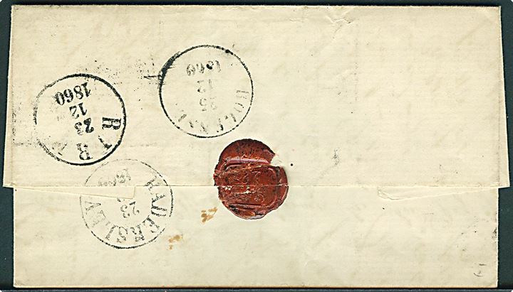 4 sk. 1858 udg. på brev annulleret med nr.stempel 107 og sidestemplet antiqua Tarm d. 22.12.1860 (delvis håndskrevet dato) via Ribe og Haderslev til Bogense. Ank.stemplet d. 25.12.1860.