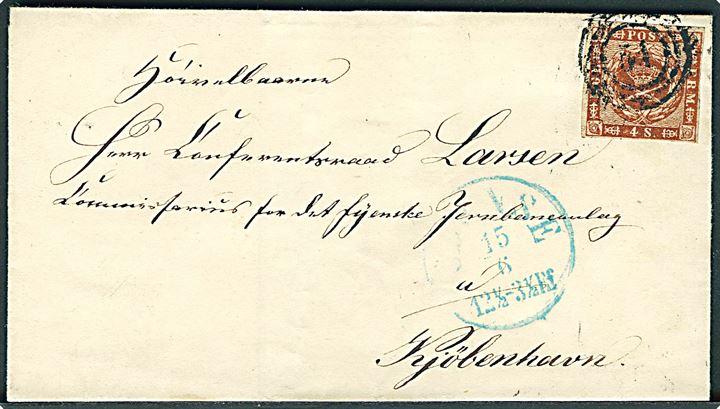 4 sk. 1858 udg. på brev annulleret med nr.stempel 51 og sidestemplet blå antiqua Odense d. 15.6.18xx til Kommissorium for det fynske Jernbaneanlæg i Kjøbenhavn.
