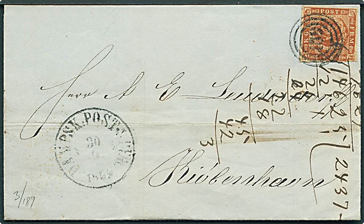 4 sk. 1854 udg. på brev fra Kiel annulleret med nr.stempel 189 og sidestemplet antiqua Dampsk:Post:Sped: No. 3 d. 30.9.1859 til Kjøbenhavn.