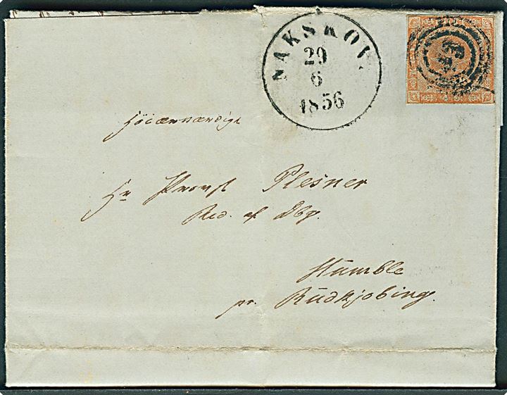 4 sk. 1854 udg. på brev med langt indhold annulleret med nr.stempel 43 og sidestemplet antiqua Nakskov d. 29.6.1856 til Humble pr. Rudkjøbing.