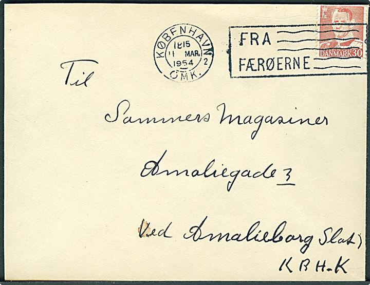 30 øre Fr. IX (beklippet) på brev annulleret med TMS Fra Færøerne/København OMK.2 d. 11.3.1954 til København. 
