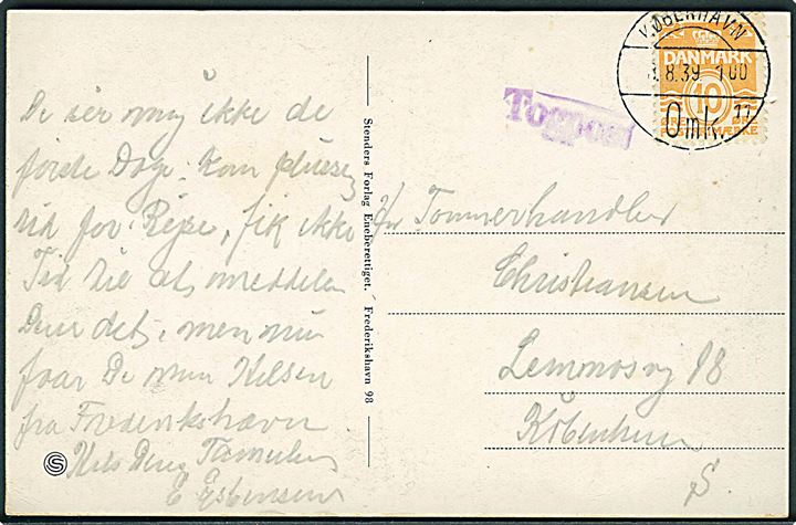 10 øre Bølgelinie på brevkort (Parti fra Frederikshavn) stemplet København d. 8.8.1939 og sidestemplet violet Togpost til København.
