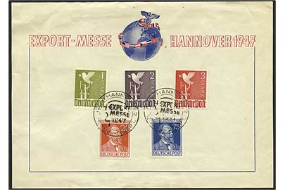 1-3 mk. Fredsdue og komplet sæt Stephan på Hannover Export Messe souvenir-ark stemplet Hannover d. 16.8 - 7.9.1947.