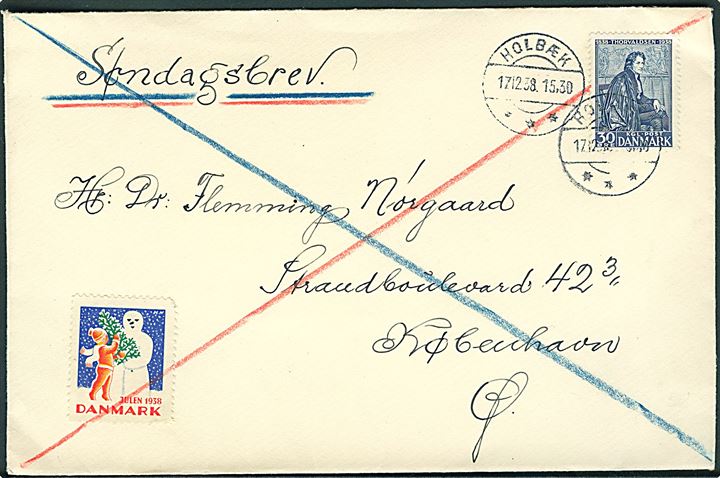 30 øre Thorvaldsen og Julemærke 1938 på søndagsbrev fra Holbæk d. 17.12.1938 til København.