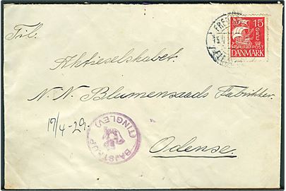 15 øre Karavel på brev annulleret med svagt bureaustempel Fredericia - Flensborg d. 15.4.1929 og sidestemplet med posthornstempel BAJSTRUP (TINGLEV) til Odense.