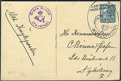 30 øre Karavel på brevkort annulleret med særstempel København - Frederikshavn Kuglepost 1935 og sidestemplet med posthornstempel Greve Strand (Taastrup) til Nykøbing F.