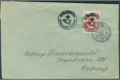 20 øre DSB på brev annulleret med posthornstempel MUNKEBJERG JERNBANESTATION og sidestemplet Fredericia - Aalborg T.902 d. 17.7.1947 til Hellerup.
