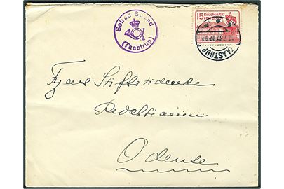 15 øre Regentjubilæum på brev stemplet Taastrup d. 17.7.1937 og sidestemplet med posthornstempel Solrød Strand (Taastrup) til Odense. Sommersæsonstempel ved midlertidigt postindleveringssted.