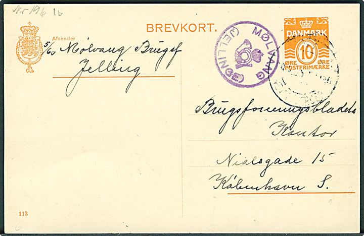 10 øre helsagsbrevkort (fabr. 113) annulleret med svagt bureaustempel Fredericia - Vejle - Struer 1935 og sidestemplet med posthornstempel MØLVANG (JELLINGE) til København.
