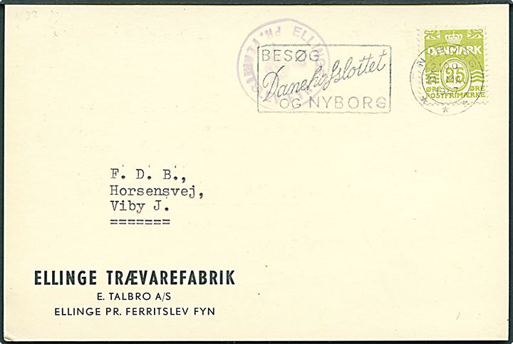 25 øre Bølgelinie på tryksags-brevkort stemplet Nyborg d. 24.4.1967 og sidestemplet med posthornstempel ELLINGE PR. FERRITSLEV FYN til Viby J.