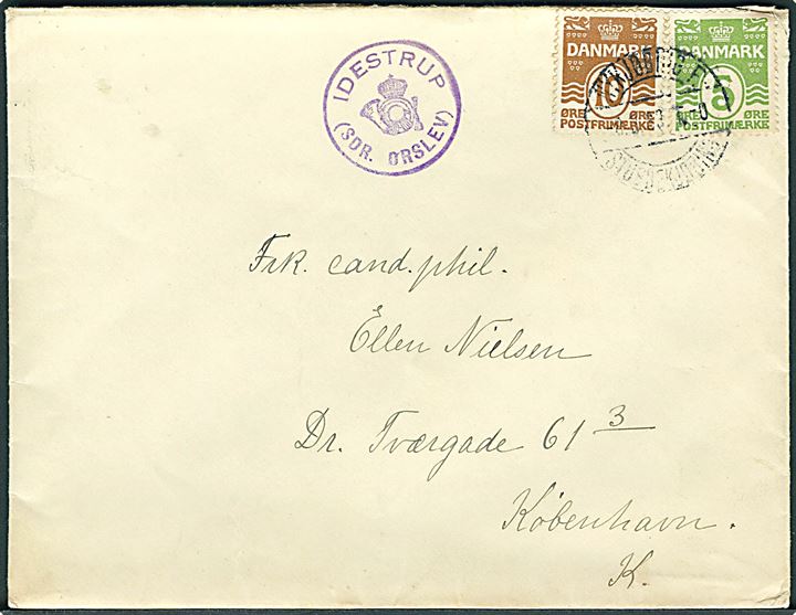 5 øre og 10 øre Bølgelinie på brev annulleret med bureaustempel Nykjøbing F. - Stubbekjøbing T.-0 d. 8.3.1933 og sidestemplet med posthornstempel IDESTRUP (SDR. ØRSLEV) til København.