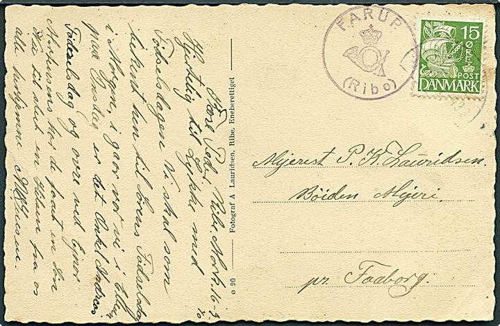 15 øre Karavel på brevkort annulleret med svagt bureaustempel Bramminge - Tønder T.493 d. 16.3.1940 og sidestemplet med posthornstempel FARUP (Ribe) til Bøjden pr. Faaborg.