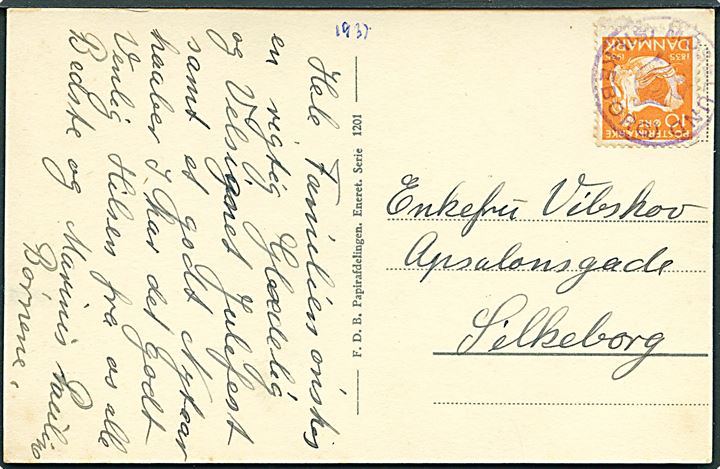 10 øre H.C.Andersen på julekort ca. 1937 annulleret med posthornstempel MOSELUND (SILKEBORG) til Silkeborg.
