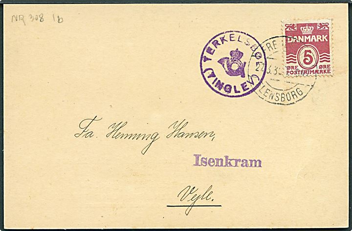 5 øre Bølgelinie på tryksagsbrevkort annulleret med bureaustempel Fredericia - Flensborg T.997 d. 27.3.1939 og sidestemplet med posthornstempel TERKELSBØL (TINGLEV) til Vejle.