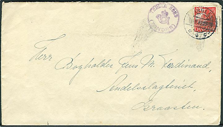 15 øre Karavel på brev stemplet Tinglev d. 16.8.1932 og sidestemplet med posthornstempel TØNDER NORD (TØNDER) til Graasten.