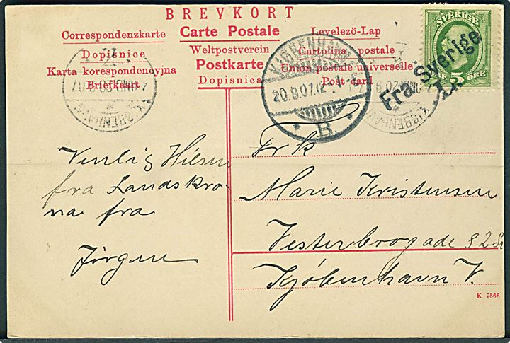 5 öre Oscar på brevkort (Landskrona Jernbanestation) annulleret med skibsstempel Fra Sverige L. og sidestemplet Kjøbenhavn d. 20.9.1907 til Kjøbenhavn, Danmark.
