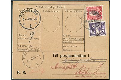 10 öre Løve og 15 öre Gustaf på formular Anhållan om tidningsöverflyttning Bl. 141 fra Göteborg d. 30.12.1925 til København, Danmark.