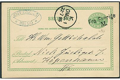5 öre helsagsbrevkort fra Malmö d. 21.7.1885 annulleret med skibsstempel Fra Sverige M. og sidestemplet K. OMB. 1 d. 22.7.1885 til København, Danmark.
