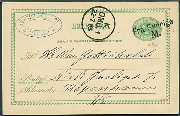 5 öre helsagsbrevkort fra Malmö d. 21.7.1885 annulleret med skibsstempel Fra Sverige M. og sidestemplet K. OMB. 1 d. 22.7.1885 til København, Danmark.