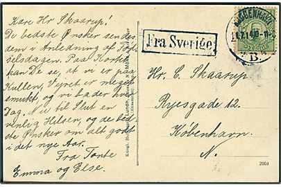 5 öre Gustaf på brevkort fra Mölle annulleret med dansk stempel i Kjøbenhavn d. 11.7.1914 og sidestemplet Fra Sverige til København, Danmark.