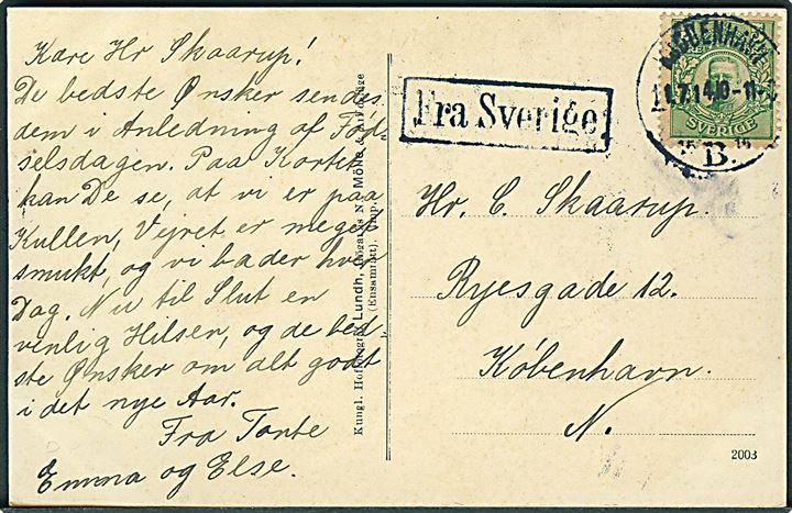 5 öre Gustaf på brevkort fra Mölle annulleret med dansk stempel i Kjøbenhavn d. 11.7.1914 og sidestemplet Fra Sverige til København, Danmark.