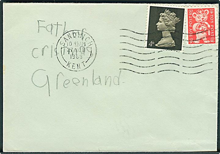 Engelsk 4d Elizabeth og Toy Post mærke på lille brev fra Sandwich d. 27.11.1968 til Father Christmas Greenland.