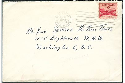 Amerikansk 5 cents Luftpost på brev stemplet U. S. Army Postal Service 858 (= Narsarssuaq Air Base) d. 19.8.1948 til Washington, USA. Fra soldat ved 1004th Squadron APO 859 (= Sdr. Strømfjord).