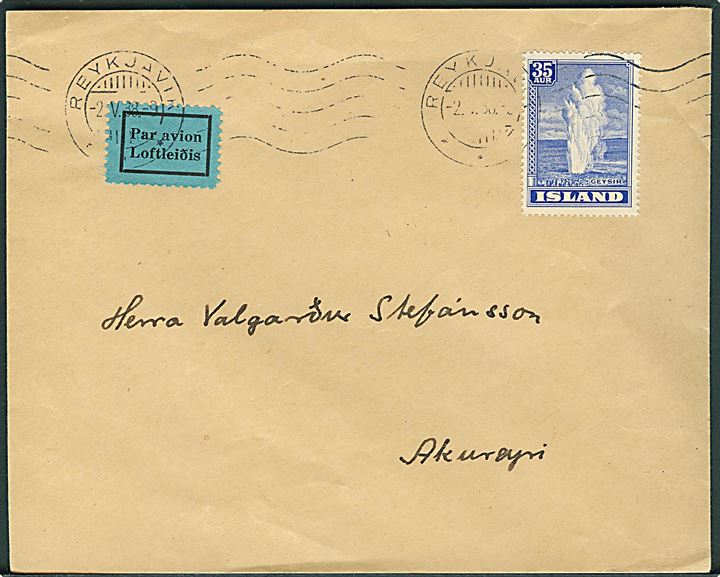 35 aur Geysir single på indenrigsluftpostbrev fra Reykjavik d. 2.5.1938 til Akureyri.