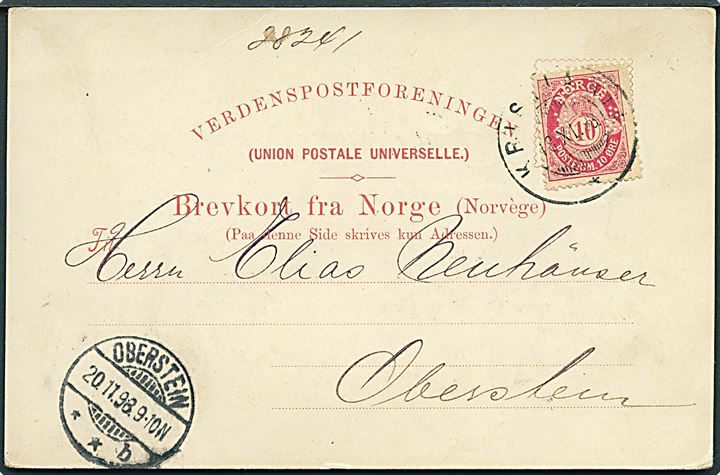 10 øre Posthorn med perfin C B & K på brevkort fra Christiania Bang og Kreditkasse stemplet Kristiania d. 19.11.1898 til Oberstein, Tyskland. 