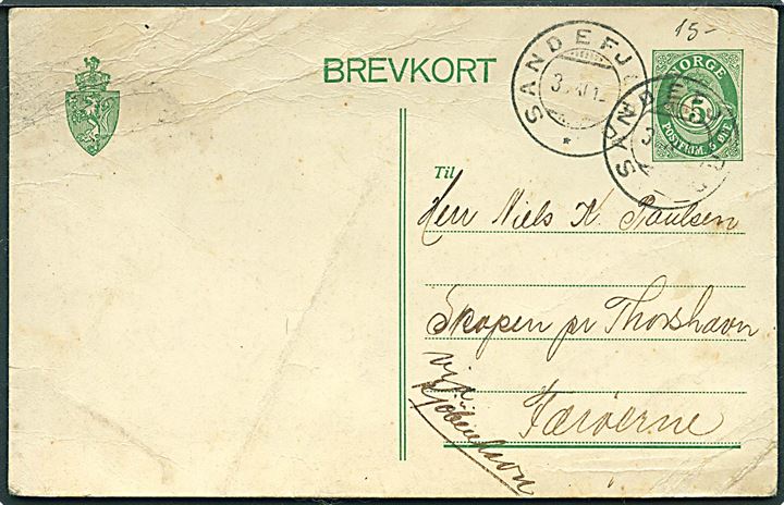 5 øre helsagsbrevkort fra Sandefjord d. 30.11.1912 til Skorpen pr. Thorshavn, Færøerne. Påskrevet via Kjøbenhavn. Kort med folder.