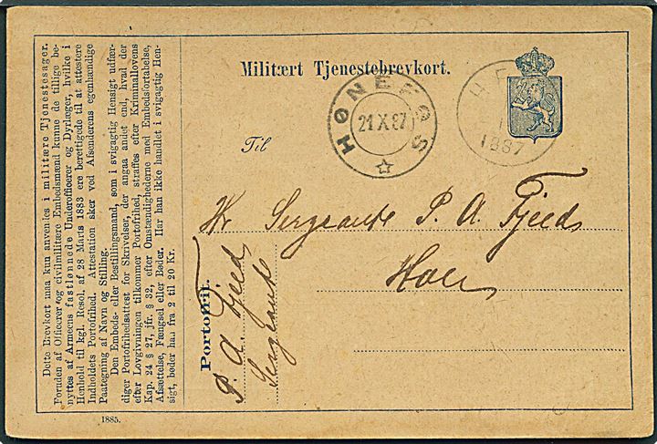 Militært Tjenestebrevkort med svagt lapidar stempel Herø d. x.10.1887 sidestemplet Hønefos d. 21.10.1887.