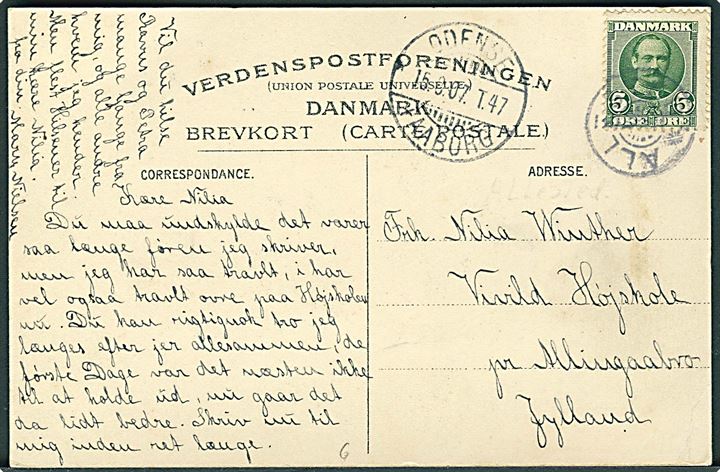 5 øre Fr. VIII på brevkort (Odense, Vandværksvej) annulleret med stjernestempel ALLESTED og sidestemplet Odense - Faaborg T.47 d. 15.8.1907 til Vivild pr. Allingaabro .