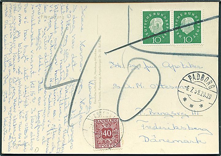 Tysk 10 pfg. i parstykke markeret ugyldig på brevkort fra Flensborg stemplet Padborg d. 6.7.1959 til Frederiksberg. Udtakseret i porto med 40 øre Portomærke stemplet København d. 7.7.1959.