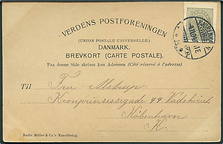 3 øre helsagsafklip som frankering på lokalt brevkort i Kjøbenhavn d. 4.11.1904.